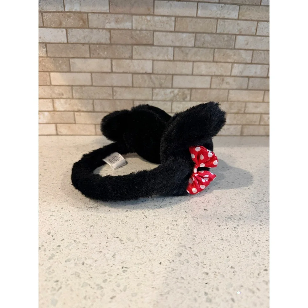 Disney Parks Minnie Mouse Earmuffs Plush Faux Fur Side Bows Black Red OSFM